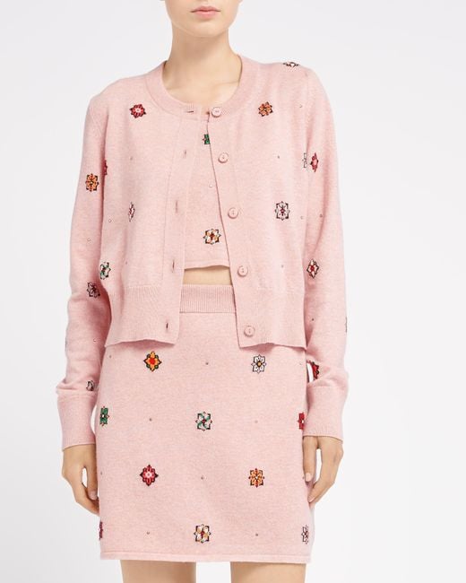 Barrie Pink Cardigan In Cashmere And Cotton With Floral Motif