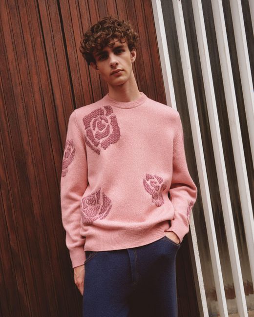 Barrie Pink Round-neck Cashmere Jumper With Roses Motif for men