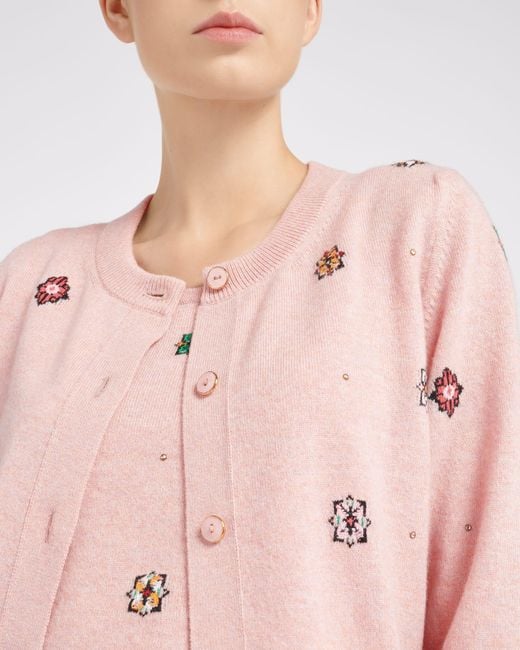 Barrie Pink Cardigan In Cashmere And Cotton With Floral Motif