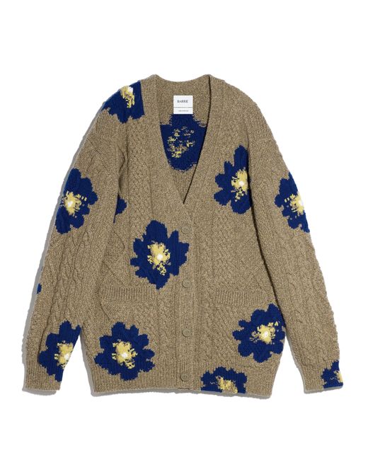 Barrie Blue V-neck Cardigan With Floral Pattern In Cashmere