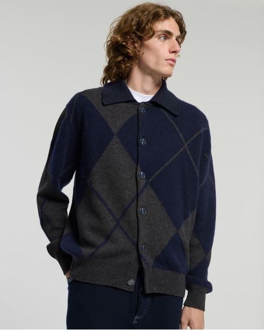 Barrie Blue Cashmere Cardigan With A Tartan Motif for men
