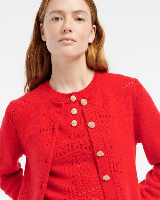 Barrie Red Cashmere And Cotton Cardigan With An All-over Motif