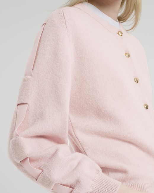 Barrie Pink Wool Cardigan With Ribbon On The Sleeves