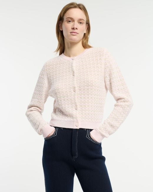 Barrie White Striped Cashmere Lace Cardigan