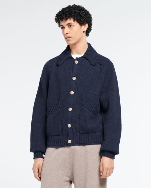 Barrie Blue Chunky Cashmere Cardigan With Polo Collar And Gold Buttons for men