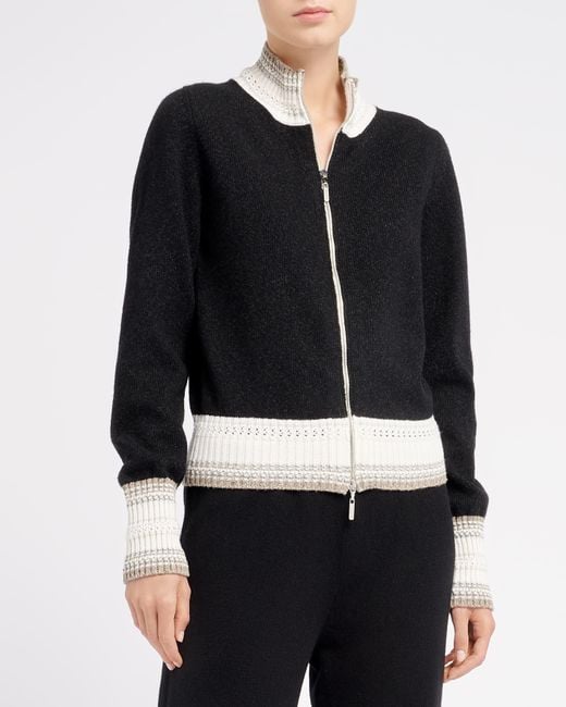 Barrie Black Mottled Cashmere Zip-up Cardigan