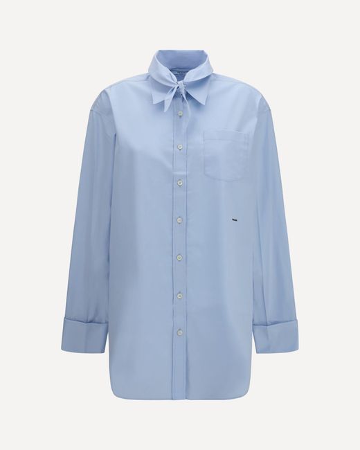 Prada Blue Oversized Shirt With Pocket And Embroidered Logo
