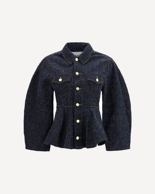 Ganni Women's Blue Tweed Denim Peplum Jacket