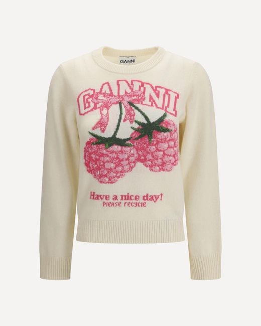 Ganni Pink Crewneck Sweater With Raspberries Print
