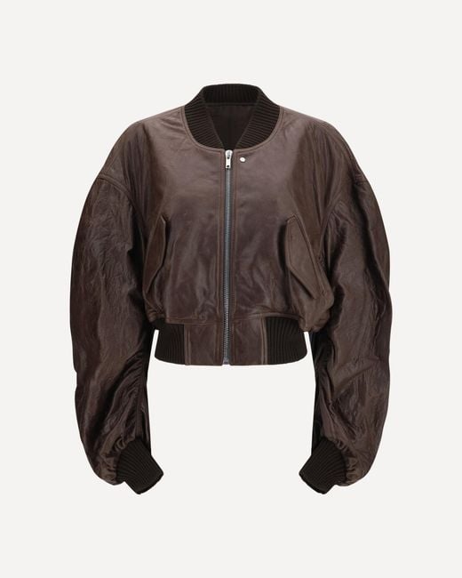 Rick Owens Brown Cropped Leather Bomber Jacket