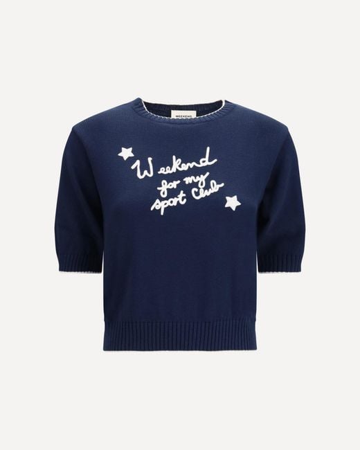 Weekend by Maxmara Blue Cotton Knit Sweater With Embroidery