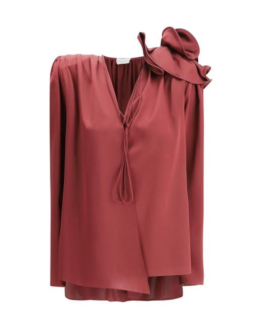 Magda Butrym Red Silk Blouse With Rose Detail