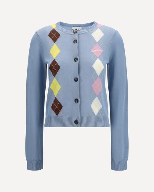Ganni Blue Diamond-Pattern Cardigan