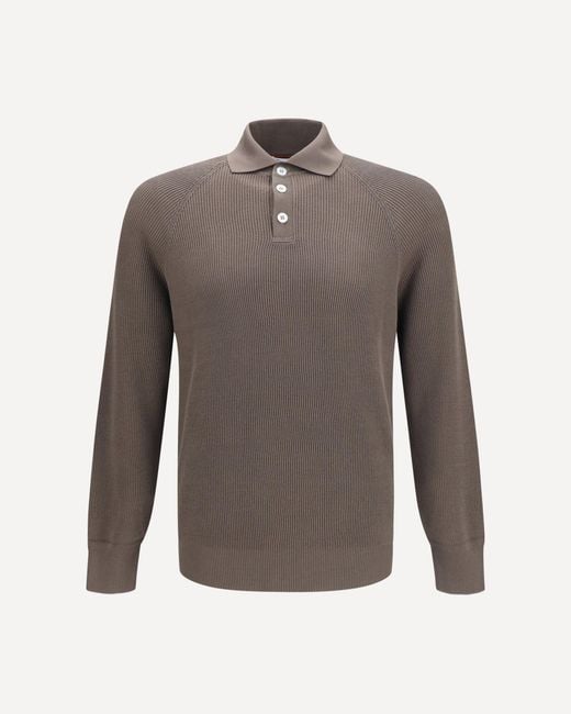 Brunello Cucinelli Gray Long-Sleeve Knit Polo Shirt for men
