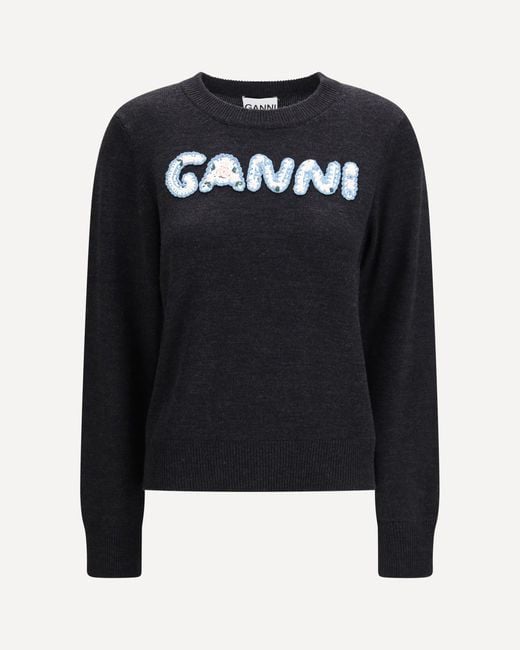 Ganni Black Crochet Appliquã Merino Sweater