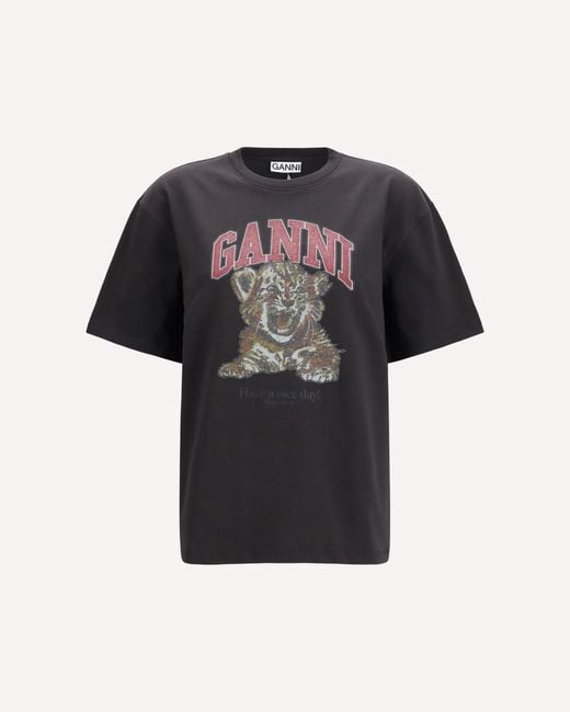 Ganni Black Tiger Cotton T-Shirt