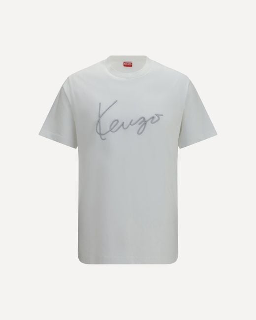KENZO Gray Embroidered Signature Cotton T-Shirt for men