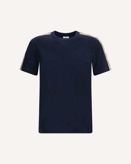 Burberry Blue Short-Sleeved T-Shirt With A Single Check Stripe On Both Shoulders for men