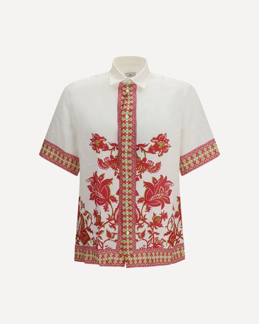 Etro White Linen Shirt With Floral Print And Short Sleeves for men