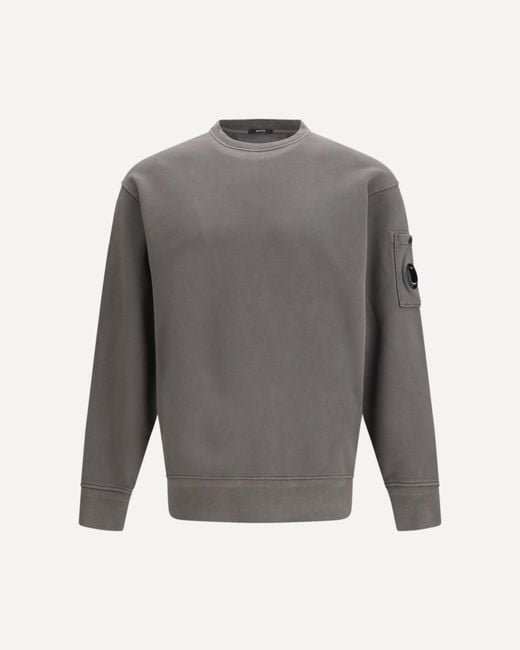 C P Company Gray C. P. Company Diagonal Raised Fleece Crewneck Lens Sweatshirt for men