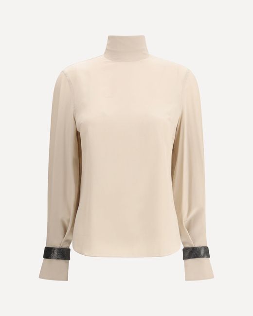 Brunello Cucinelli Natural Silk Turtleneck Blouse With Precious Bracelets