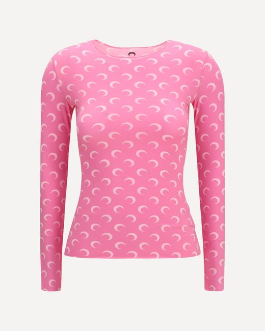 MARINE SERRE Pink Long-Sleeve Top With Iconic All-Over Contrasting Moon Logo Print