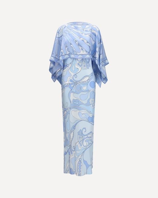 Emilio Pucci Blue Silk Cape Dress With Orchidee And Soleil Prints