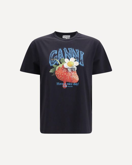 Ganni Blue Strawberry Cotton T-Shirt