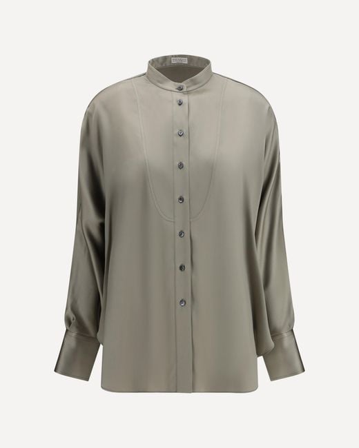Brunello Cucinelli Gray Silk Shirt With Monili Details