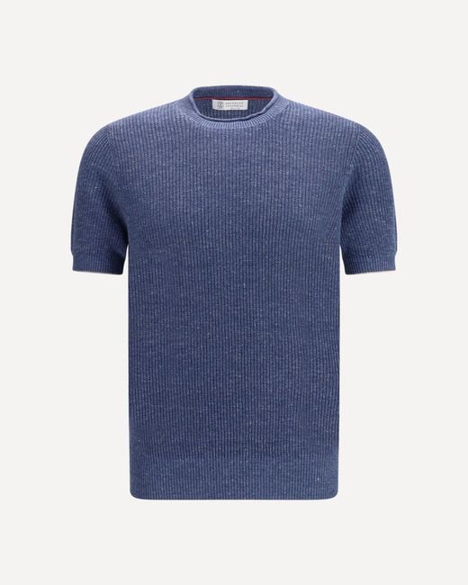 Brunello Cucinelli Blue Cotton And Linen Knit T-Shirt for men