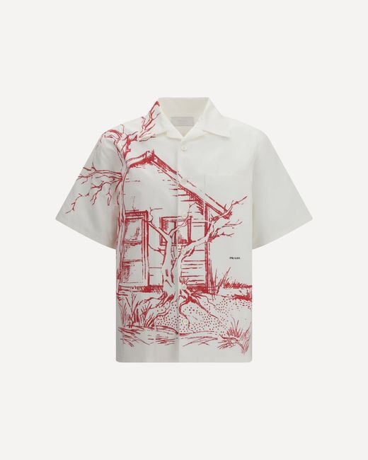 Prada White Printed Bowling Shirt With "Cabin" Print for men