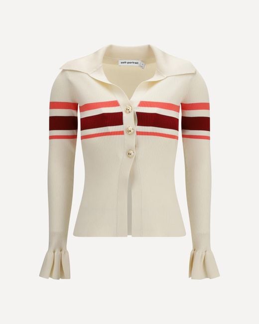 Self-Portrait White Striped Viscose Knit Button Top