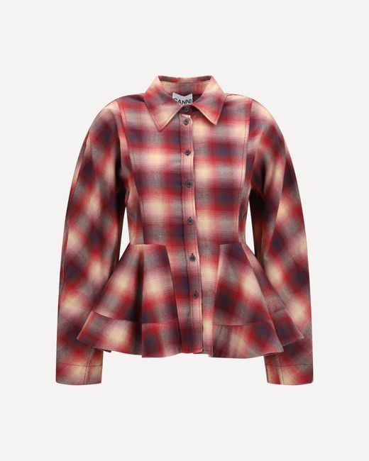 Ganni Red Peplum Flannel Shirt