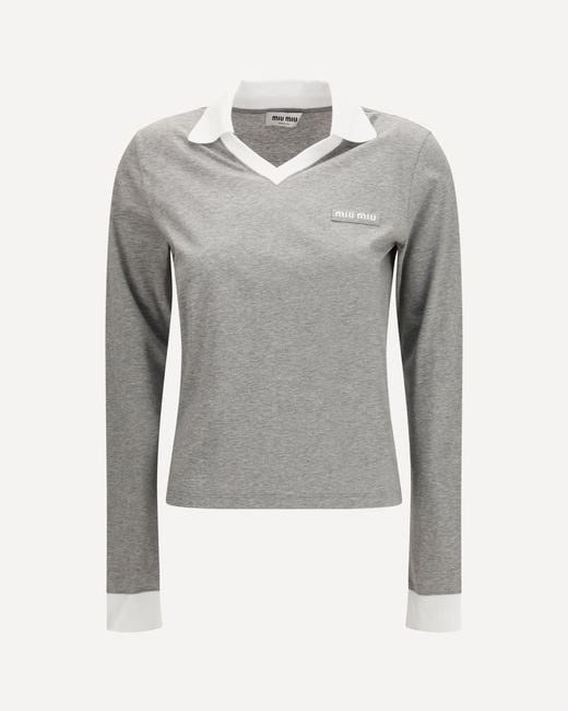 Miu Miu Gray Long-Sleeved Cotton T-Shirt