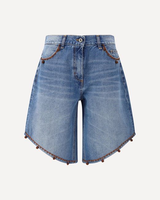 Ella Blue Bermuda Shorts With Embroidered Edges And Pom Pom Detailing