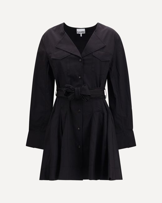 Ganni Black Short Shirt Dress With Belt