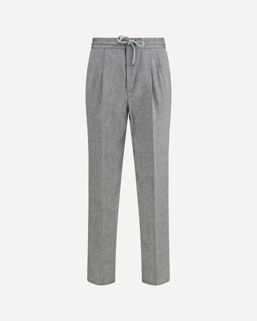 Brunello Cucinelli Gray Herringbone Linen And Wool Pants for men