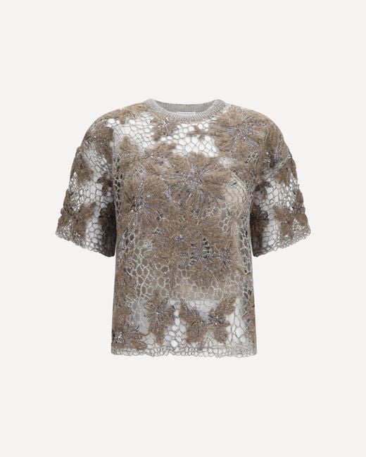 Brunello Cucinelli White Crew-Neck Top With Floral Embroidery And Sequins