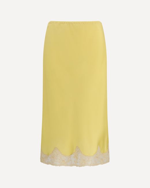 Saint Laurent Yellow Satin Midi Skirt With Lace Inserts