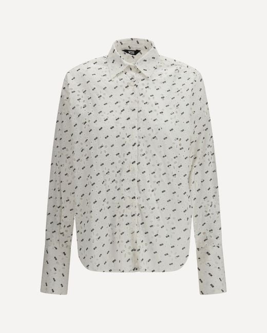 Gcds White Oversized Cotton Broderie Anglaise Shirt With All-Over Logo Embroidery