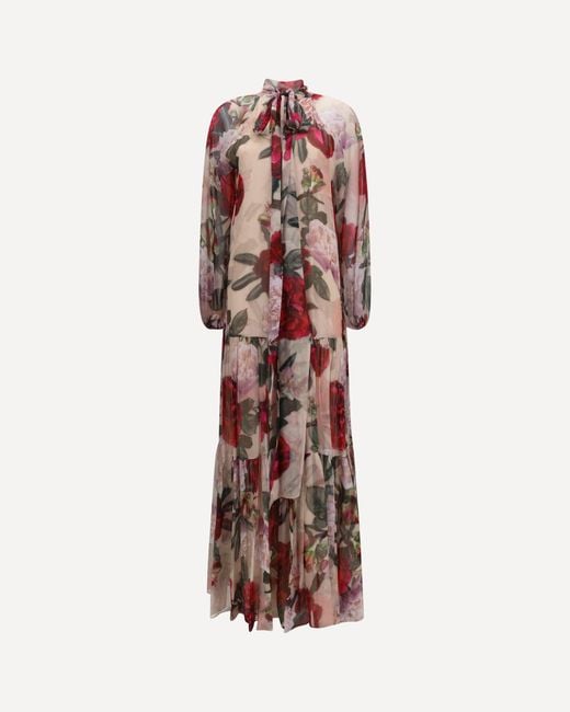 Nissa Multicolor Long Silk Dress With Scarf Detail