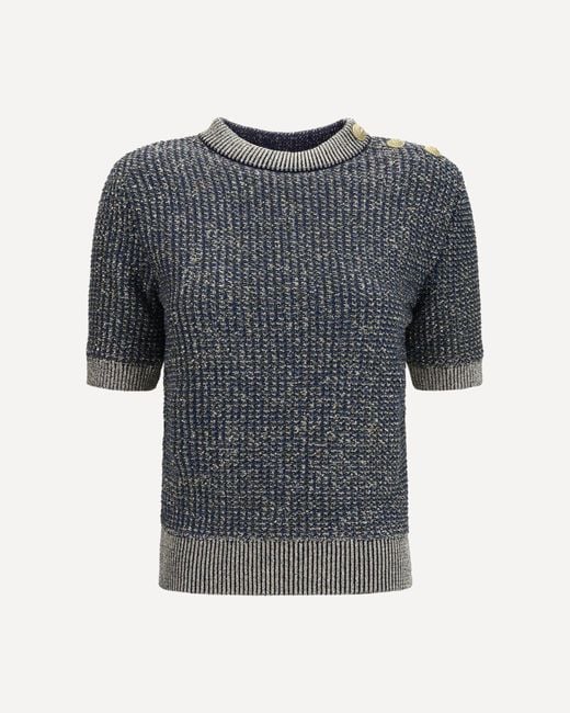 Balmain Gray Short-Sleeve Sequined Sweater With Buttons