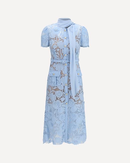 Self-Portrait Blue Midi Lace Dress With Bow Collar