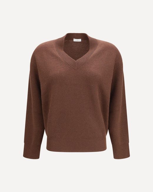 Brunello Cucinelli Brown V-Neck Sweater