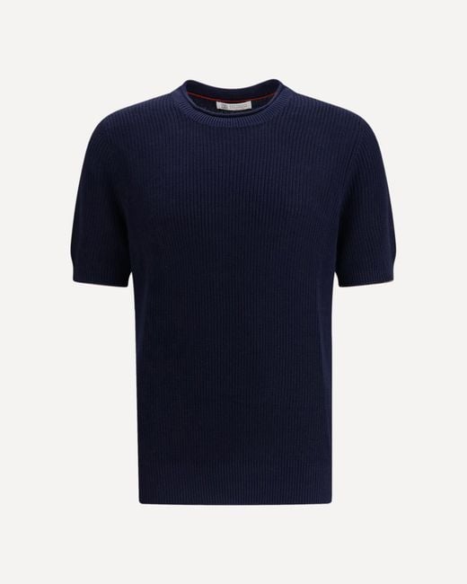Brunello Cucinelli Blue Cotton And Linen Knit T-Shirt for men