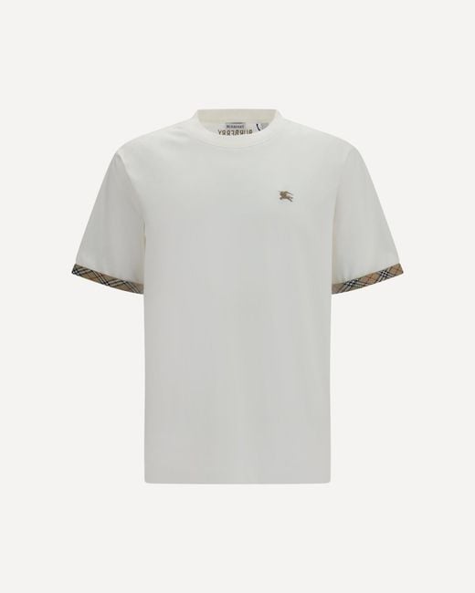 Burberry White Cotton T-Shirt With Check Trims for men