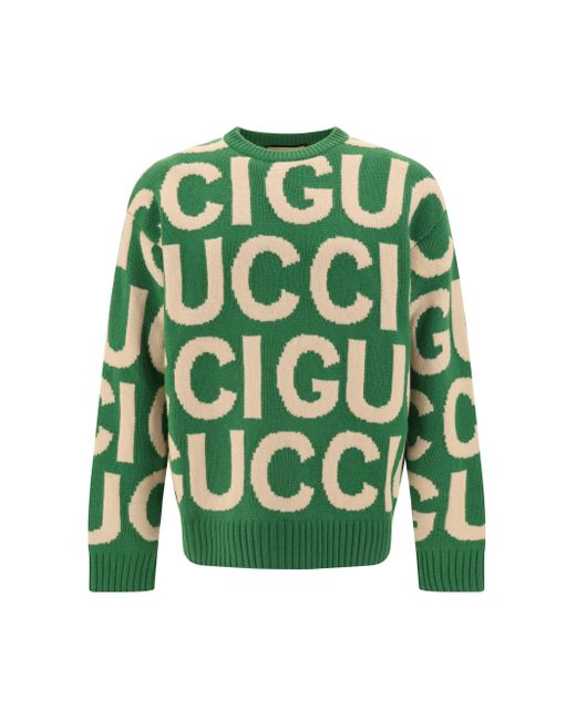 Gucci Green Logo-intarsia Relaxed-fit Wool-knit Jumper for men