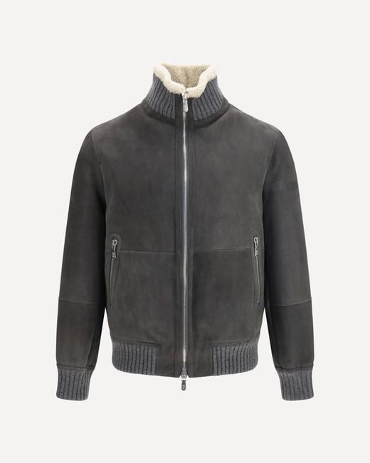 Brunello Cucinelli Gray Shearling Jacket With Zip And High Neck for men