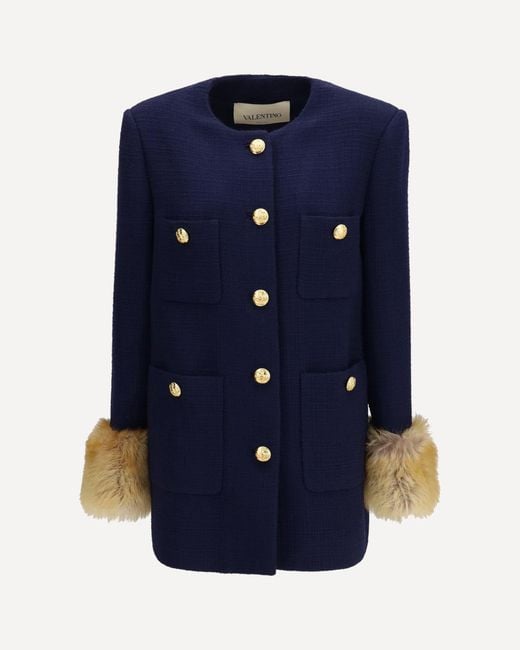 Valentino Blue Wool Tweed Caban Coat