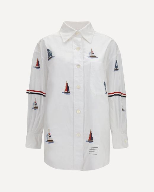 Thom Browne White Oversized Sailboat-Embroidered Shirt